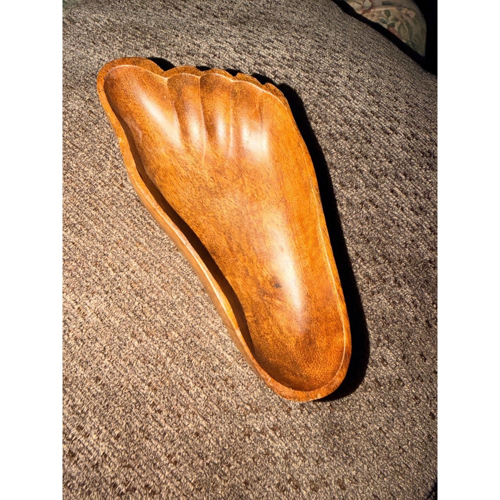 Hand Carved Wooden Foot Catchall Tray | Rustic Boho Trinket Dish, Key Holder